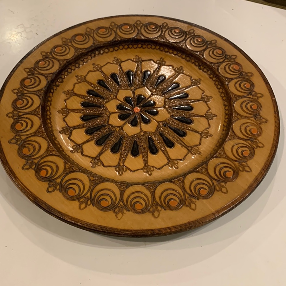Handmade Polish wooden carved vintage wall decor plate